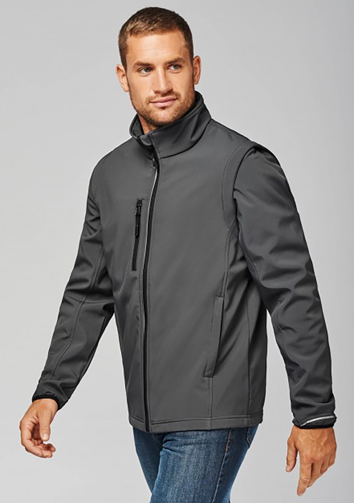 PA323-titanium-model-1 PA323 Softshell Jacke mit abnehmbaren Ärmeln