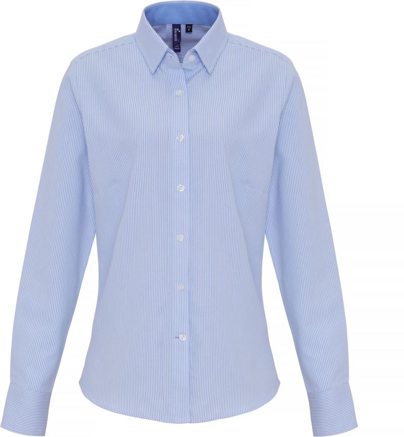 PR338-white-oxfordblue Ladies’ Cotton Rich Oxford Stripes Shirt Premier PR338