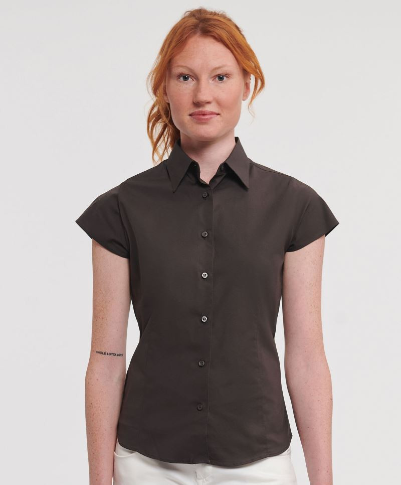 Russell 947F Stretch-Damenbluse kurzarm tailliert, pflegeleicht Russell 947F Stretch-Damenbluse kurzarm tailliert, pflegeleicht