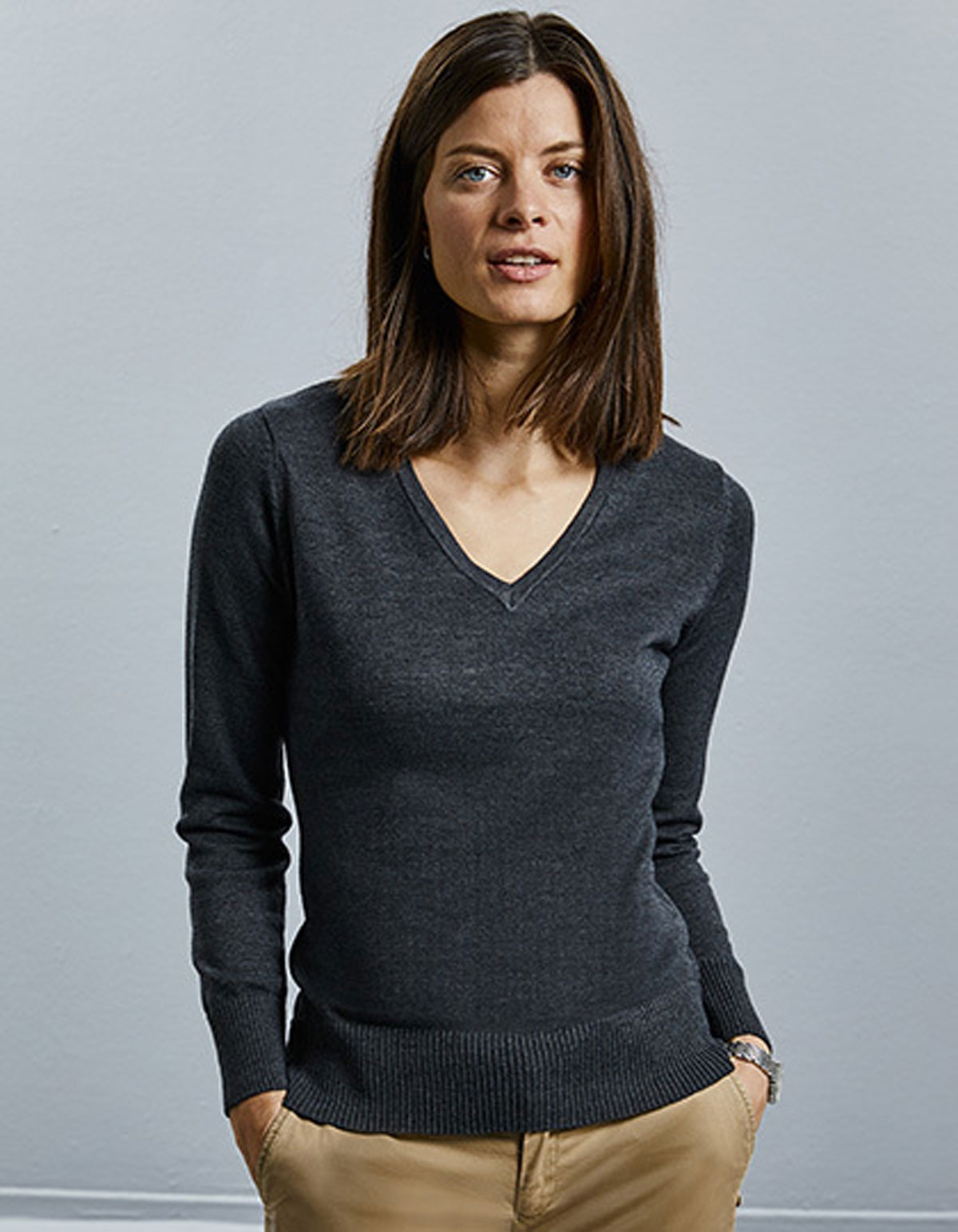 710F-charcoalmarl2 Ladies' Knitted V-Neck Pullover Russell 710F