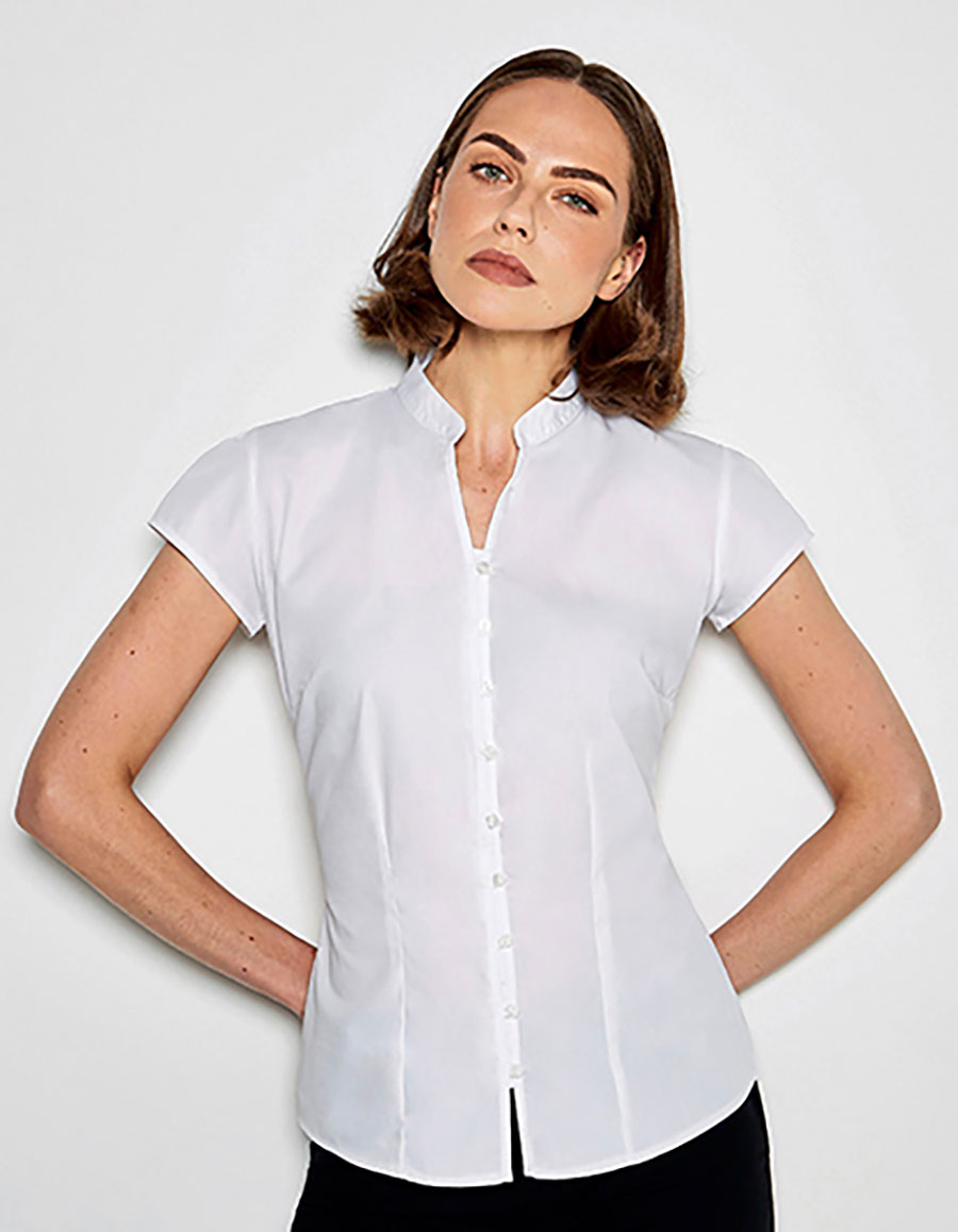 Tailored Fit Poplin Contintental Blouse Mandarin Collar Cap Sleeve Kustom Kit K727 Tailored Fit Poplin Contintental Blouse Mandarin Collar Cap Sleeve Kustom Kit K727
