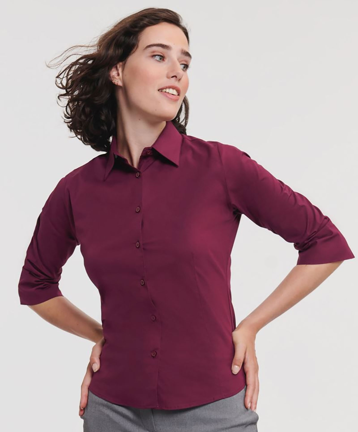 Russell 946F Stretch-Damenbluse mit 3/4-Arm tailliert, pflegeleicht Russell 946F Stretch-Damenbluse mit 3/4-Arm tailliert, pflegeleicht