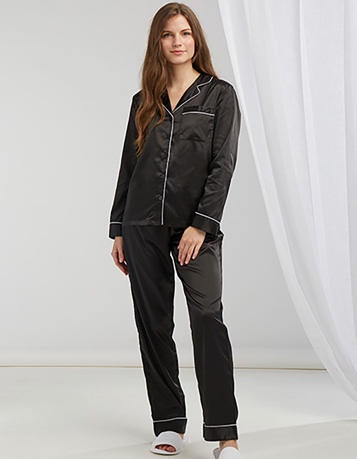 TC-ladies-satin-long-pyjama-model black